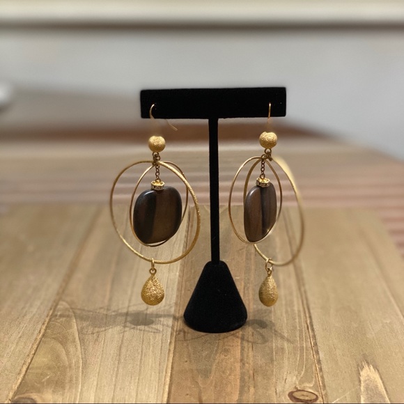 Gold Double Hoop Stone Drop Earrings - Picture 2 of 3